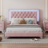 Merax Upholstered Platform Bed, Full Size LED Velvet Fabric Wooden Bed Frame with LED Lights & Tufted Headboard for Bedroom, Wood Slat Support, No Box Spring Needed, Easy Assembly (Pink) Merax