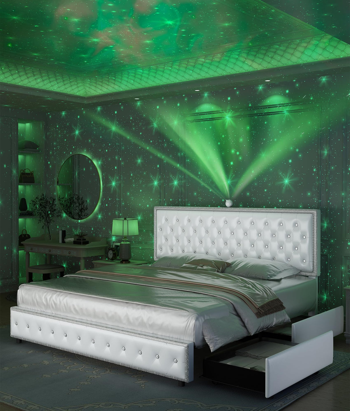 GEGOFORU Queen led Bed Frame with 4 Drawers，Galaxy Projector Adjustable Upholstered Headboard Diamond Bed Frame with Charger Music Speaker, No Box Spring Needed, Wooden Slats Support, PU White GEGOFORU