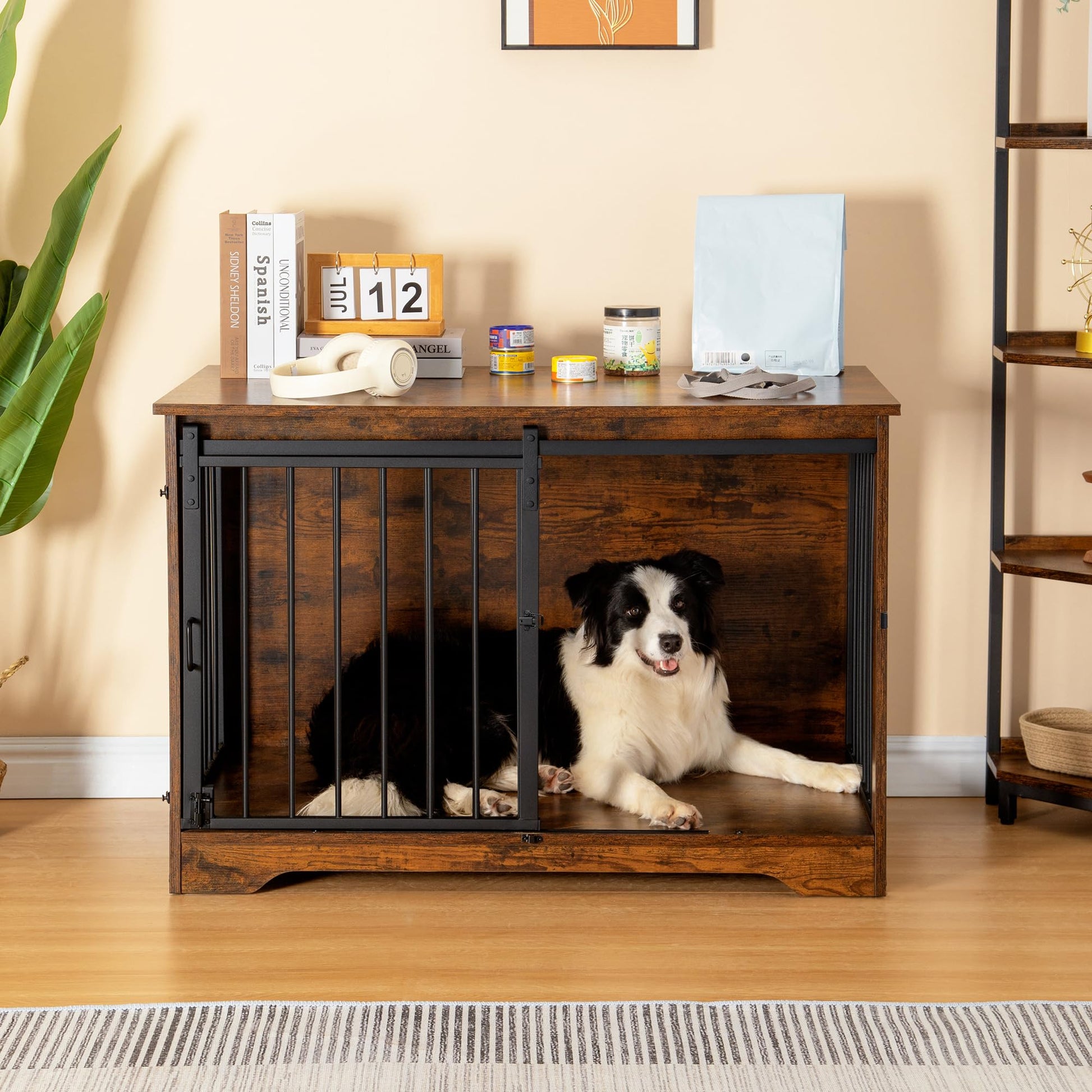 Hzuaneri Dog Crate Furniture, 39.4" Double Door Dog Crate with Barn Door, Dog Kennel Indoor, End Side Table Wooden Dog Crate for Small Medium Large Dog, Anti-Chew Anti-Escape, Rustic Brown - WoodArtSupply