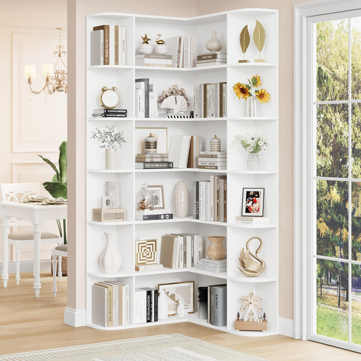 FOTOSOK 74” Tall Corner Bookshelf, 6-Tier Bookshelf and Bookcase with Open Storage, L Shaped Tall Bookcases Wooden Storage Shelves for Home Office, Thickened Boards for Better Load Bearing, White FOTOSOK