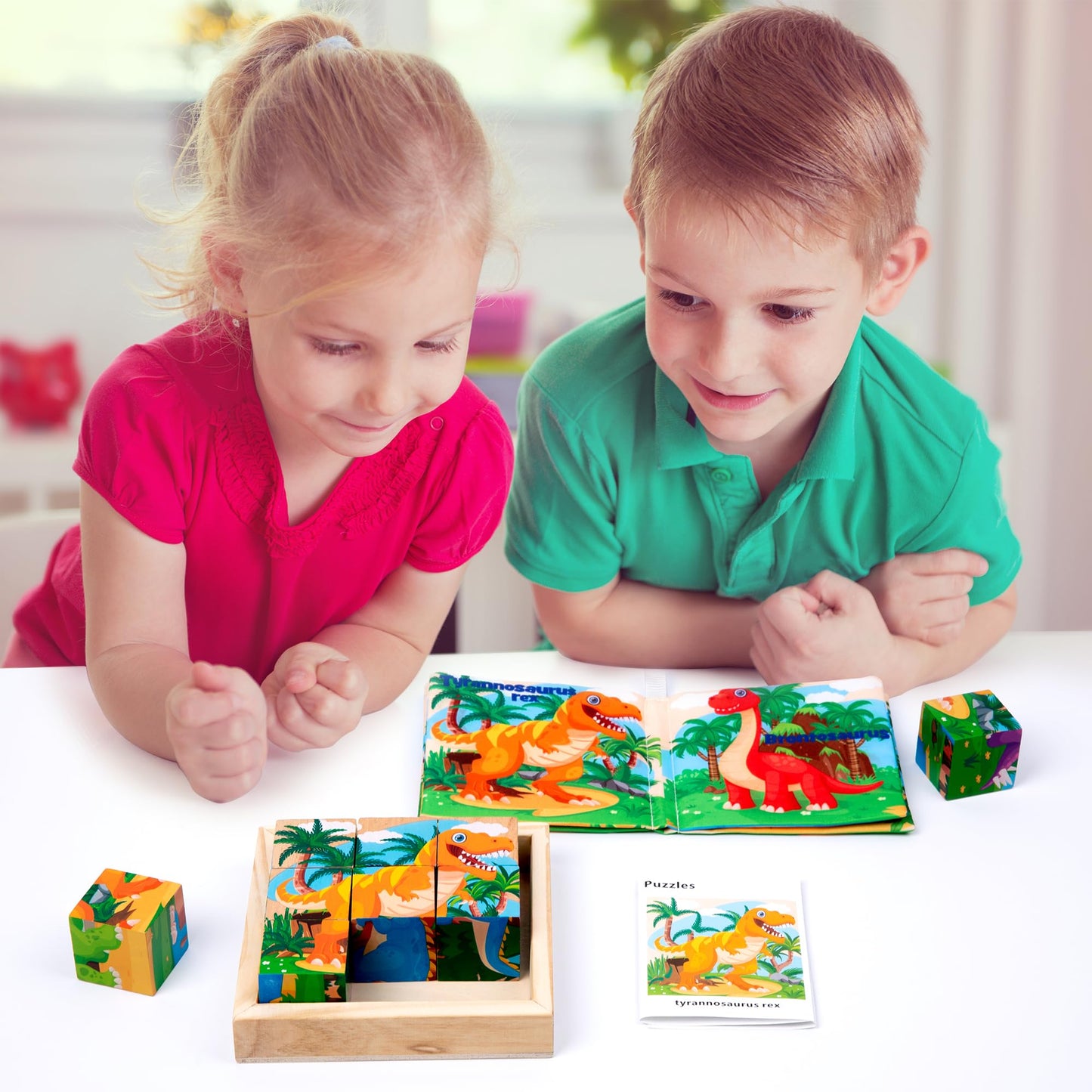 Wooden Dinosaur Block Puzzles for Kids Ages 3-5 with Baby Book, Jigsaw Puzzles Preschool Educational Interactive Toys Gift for Boys Girls, Wood Dino Cube Puzzles for Toddlers 2 3 4 5 6 Years Old