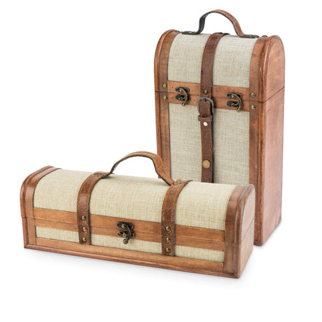 Twine Vintage Trunk Wine Bottle Gift Box, Wood Wine Box with Lid and Handle, Wood, Faux Leather, Brass, Cloth, Holds 1 Bottle Twine
