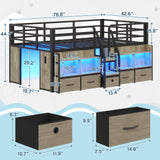 BYSAUD Twin Loft Bed, Low Loft Bed Twin with 5 Drawers, 6 Storage Bookcase & Under-Bed Play Space, Loft Beds for Kids with LED Lights & Charging Station, 15.8" H Safety Guardrails, Oak Gray BYSAUD