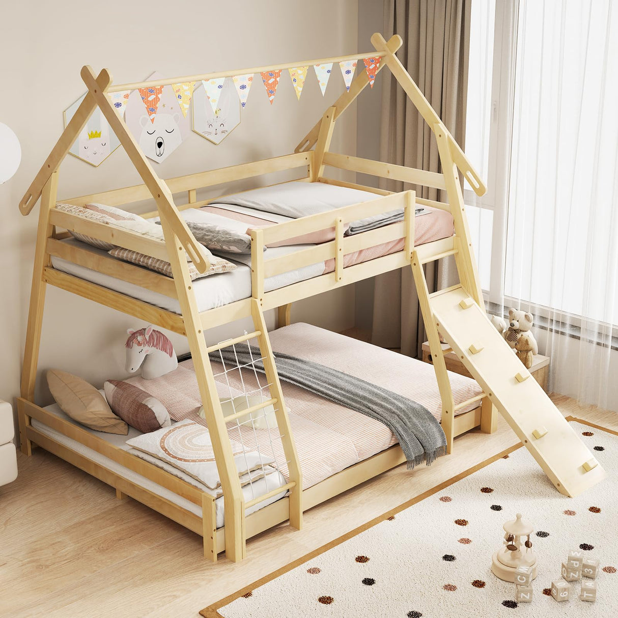 Costzon Twin Over Queen Bunk Bed, House Shaped Bed Frame with Climbing Nets and Ramp, Safety Guardrail, No Box Spring Needed, Wooden Kids Bed for Boys Girls (Natural, Twin Over Queen) Costzon