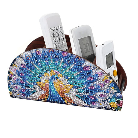 DoxQcs Wooden Half Moon Storage Box, DIY Diamond Art Painting TV Remote Box, Home Decorative Storage Boxes for Pen Phone Cosmetics Office Supplies-Peafowl DoxQcs