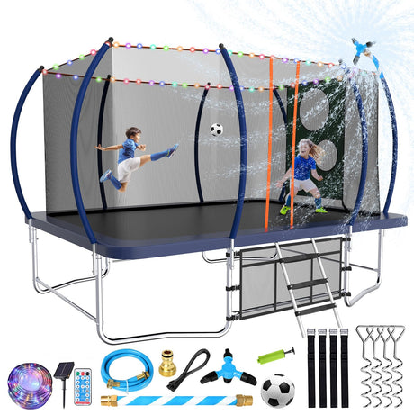 Lyromix 14FT Outdoor Rectangle Trampoline for Kids and Adults, Rectangular Trampoline with Curved Poles, Pumpkin Trampolin with Light, Sprinkler, Soccer and Storage Bag Lyromix
