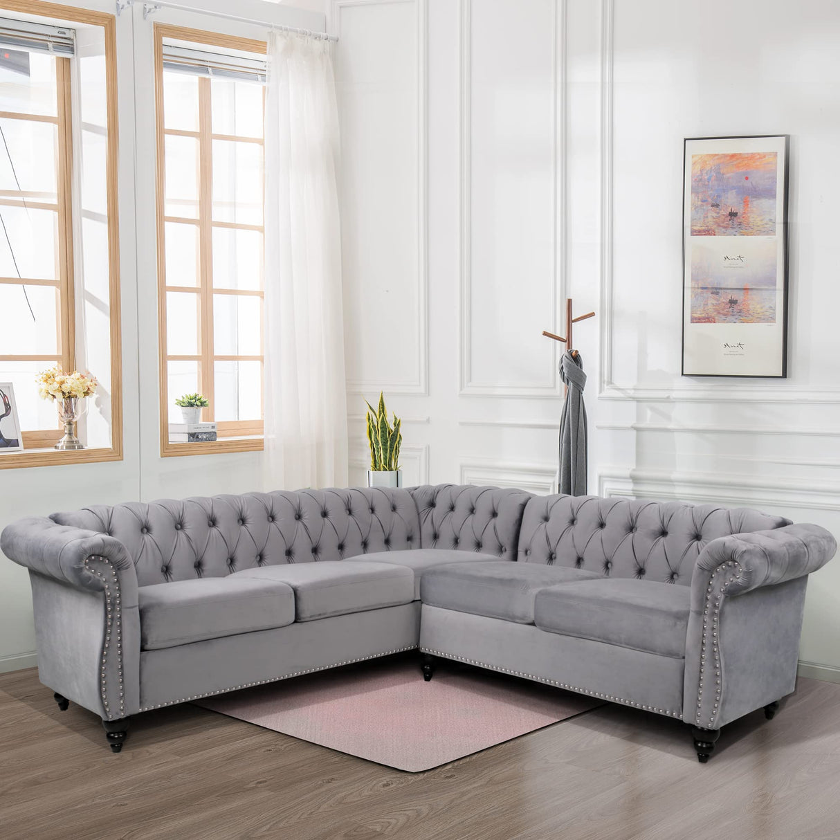 RARZOE Chesterfield L Shaped Sectional Sofa, Deep Button Tufted Velvet Sofa, Upholstered Rolled Arm Classic Chesterfield Settee Furniture for Living Room, Grey RARZOE