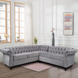 RARZOE Chesterfield L Shaped Sectional Sofa, Deep Button Tufted Velvet Sofa, Upholstered Rolled Arm Classic Chesterfield Settee Furniture for Living Room, Grey RARZOE
