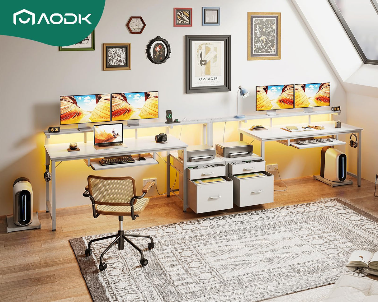AODK 63" Computer Desk with Fabric File Cabinet and Drawer, Reversible Office Desk with Power Outlet and LED Light, Study Desk with Printer Stand, Keyboard Tray, Full Monitor Riser and PC Stand, White AODK