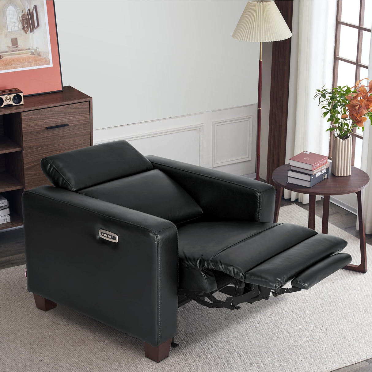 MCombo Zero Wall Recliner Chair, Wall Hugger Power Recliner Chair with Adjustable Headrest, High Wood Leg, USB & Type C Dual Charge Ports, for Living Room, Small Spaces, HL128 (Faux Leather, Black) MCombo