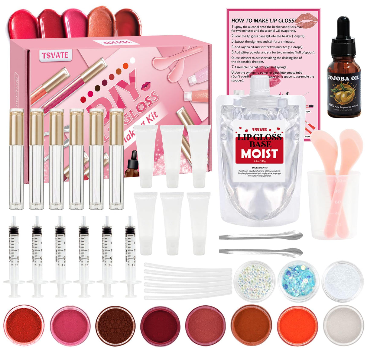 TSVATE Lip Gloss Making Kit, Lip Gloss Kit, Diy Lipgloss Set, Fun Make Your Own Lipgloss Kids Lip Gloss for Girls, Women, Moisturizing Lip Gloss Base, Jojoba Oil, Tubes, Gift for Her TSVATE
