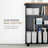 YAMAZAKI Home Slim Rolling Storage Cart – Narrow Bathroom Storage Cabinet with Handle, Slim Bathroom Storage Cart with Wheels, Easy Assembly, Steel + Wood, Black YAMAZAKI