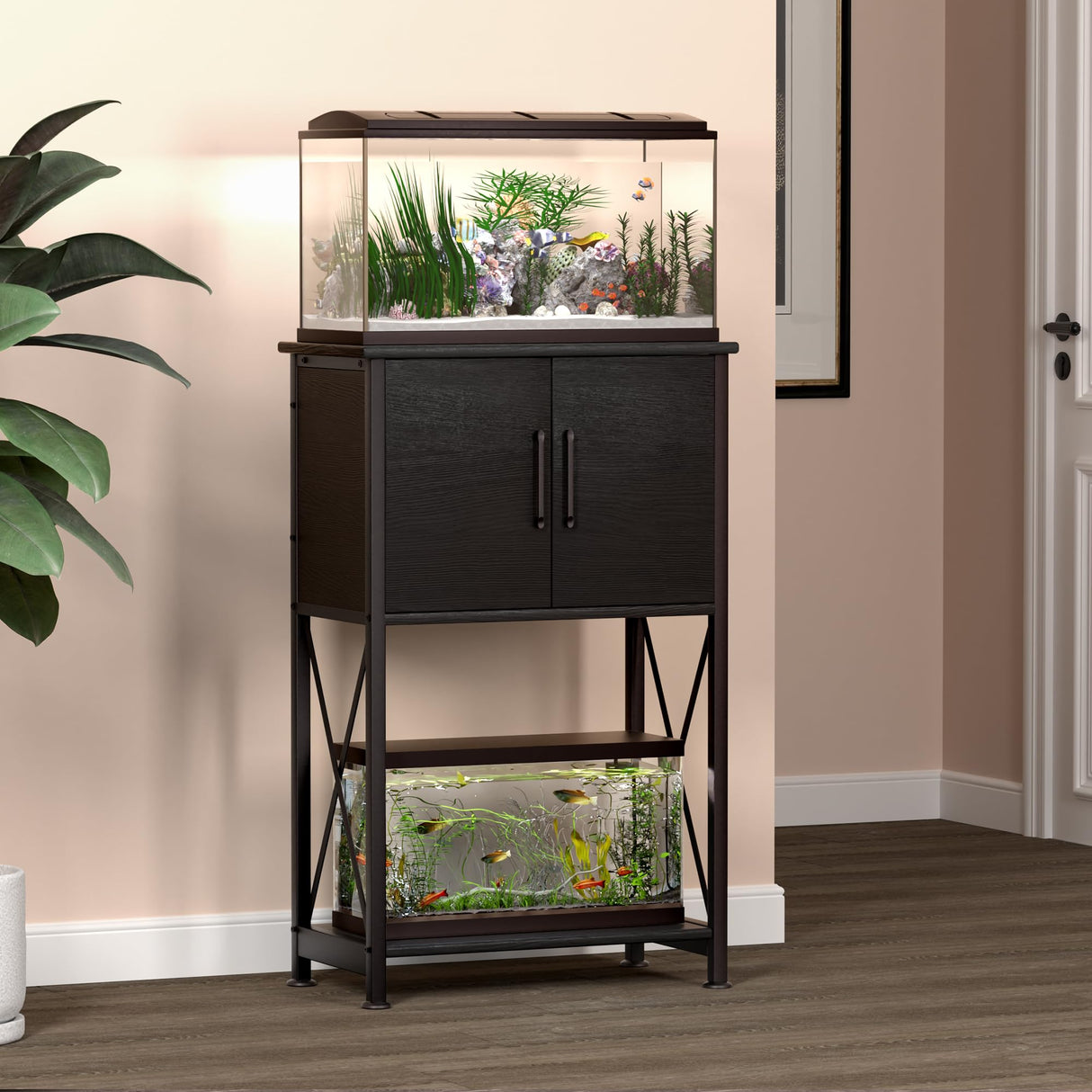 Herture 5-10 Gallon Fish Tank Stand, Metal Double Aquarium Stand with Cabinet for Fish Tank Accessories Storage, Heavy Duty 20.5" L* 11.02" W Tabletop, 500LBS Capacity Black PG06YGB Herture