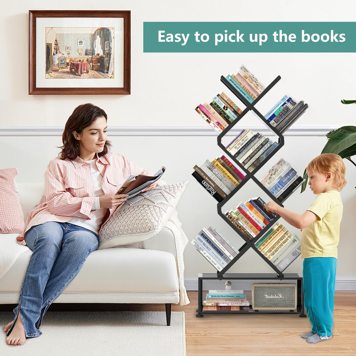 HI NINGER Folding Bookshelf,9 Tier Tree Bookshelf with Storage Cabinet,Stylish Design Metal Bookshelf for Display of CDs,Books in Living Room,Home Office,Tall Floor Standing Book Organizer for Bedroom HI NINGER