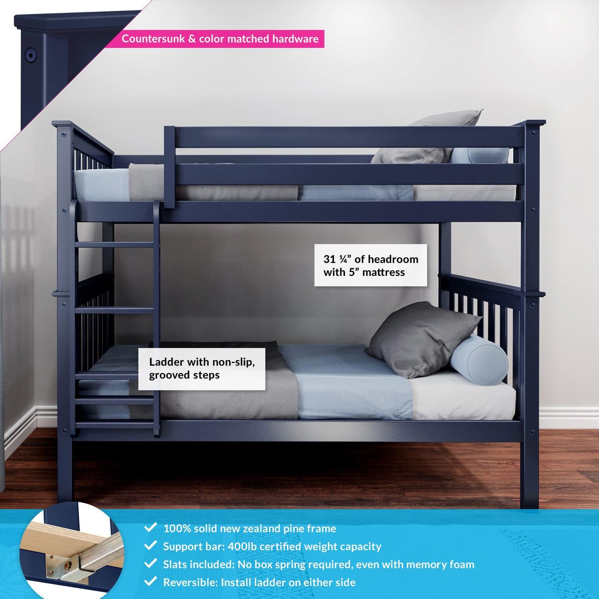 Max & Lily Bunk Bed Twin over Twin, Solid Wood Bunk Bed Frame with Ladder for Kids, 14" Safety Guardrails, Easy Assembly, No Box Spring Needed, Blue Max & Lily