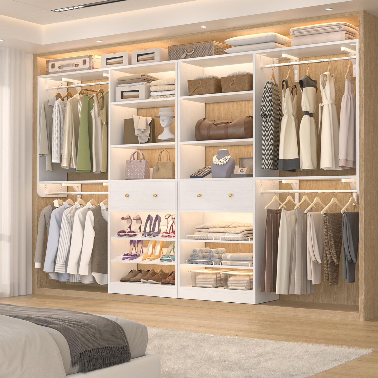 [10 FT Closet System] Reversible Set of 2 Wood Closet Organizer System with 2 Drawers, 4 Hanging Rods Adjustable Shelf, Walk In Closet Organizers with Shoe Rack, Garment Rack Clothes Rack, White Besiost