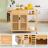Moccha Rolling Kitchen Island Cart - Bamboo Kitchen Carts on Wheels with Storage Cabinet, Large Drawer, 3-Tier Open Shelf, Towel Rack, Sideboard, Mobile Kitchen Table for Dining Room Living Room Bar LDAILY