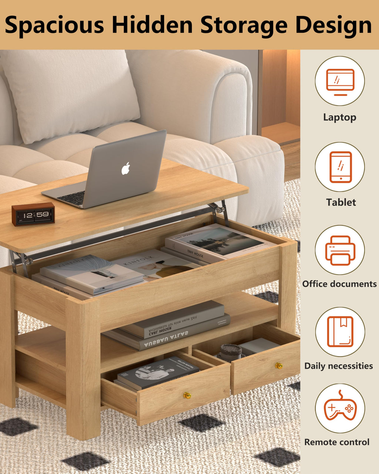 44" Lift Top Coffee Table with Hidden Storage Compartment & 2 Drawers, Spacious Convertible Table, Effortless Hydraulic Lift Top, Modern Rustic Design for Living Room & Home Office, Natural Oak Jpiziso