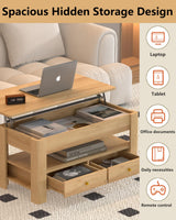 44" Lift Top Coffee Table with Hidden Storage Compartment & 2 Drawers, Spacious Convertible Table, Effortless Hydraulic Lift Top, Modern Rustic Design for Living Room & Home Office, Natural Oak Jpiziso