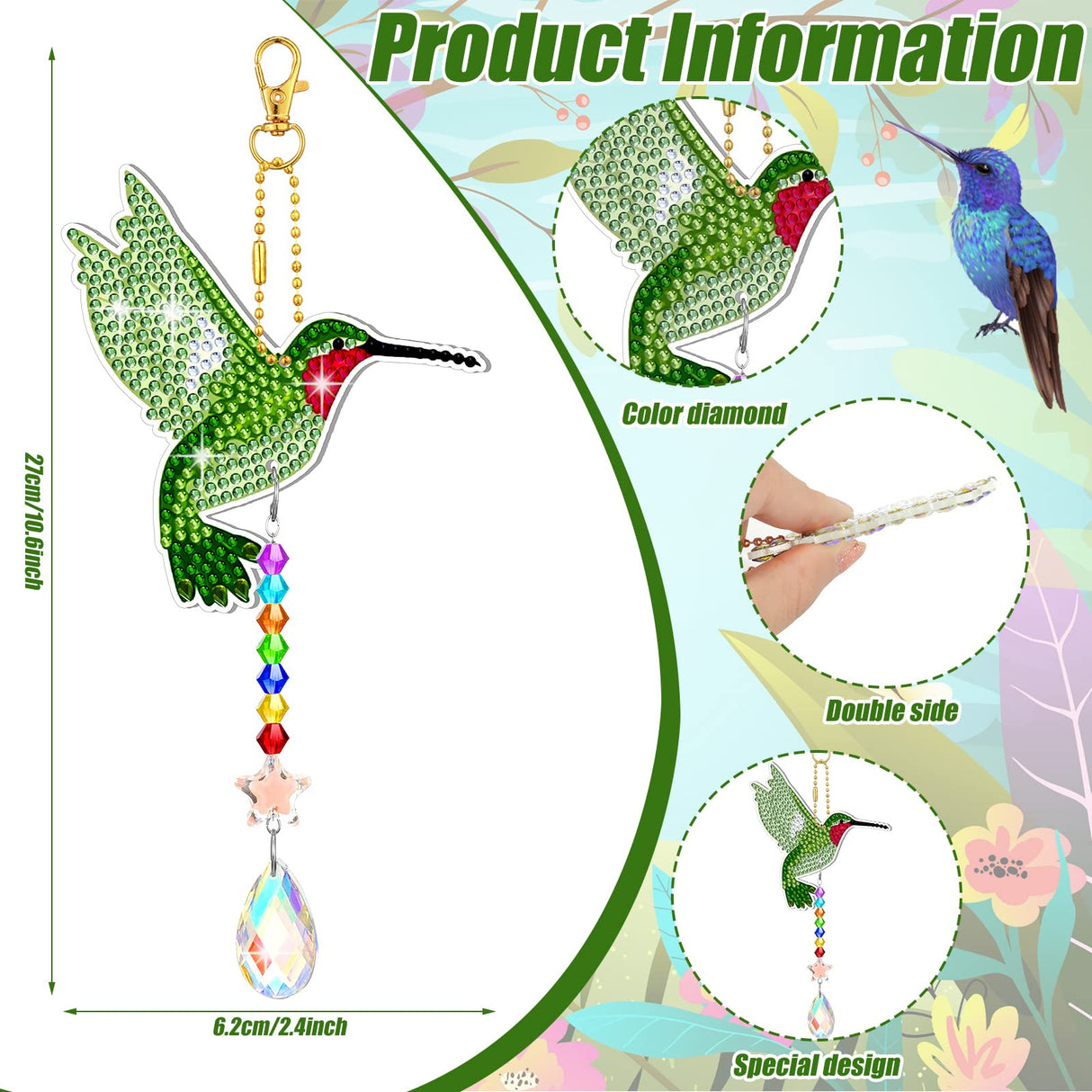 Tradder 6 Pcs Diamond Art Painting Rhinestone Hummingbird Wind Chimes Birds Art Kits for Adults Diamond Summer Decor Suncatchers Double Sided 5d DIY with Crystal Pendant for Home Window Decor Garden Tradder