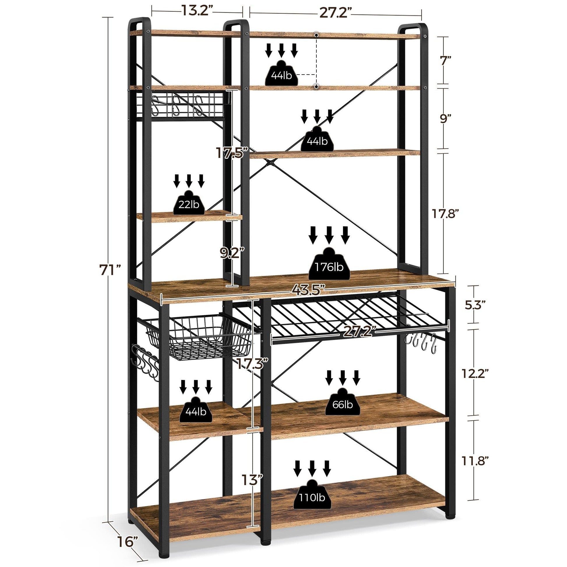 Yaheetech 43.5" Rustic Brown Kitchen Bakers Rack with Wine Rack & Pull-Out Wire Basket - WoodArtSupply