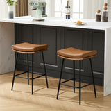 Solstrand Saddle Bar Stools Set of 3,Counter Height Bar Stools for Kitchen Counter Farmhouse Modern Faux Leather Barstools with Upholstered Backless Seat and Solid Metal Legs, 26" Bar Chairs, Brown Solstrand