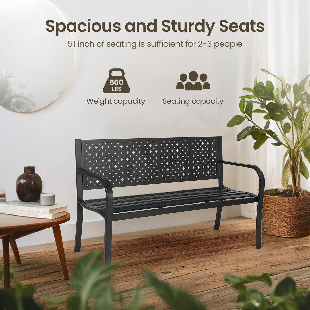 BODIOO Patio Metal Garden Bench Outdoor Park Benches, Iron Steel Frame Chair Mesh Pattern 500 lbs - Park Yard Front Porch Bench Path Yard Outside Lawn Decor Deck Furniture, Black BODIOO