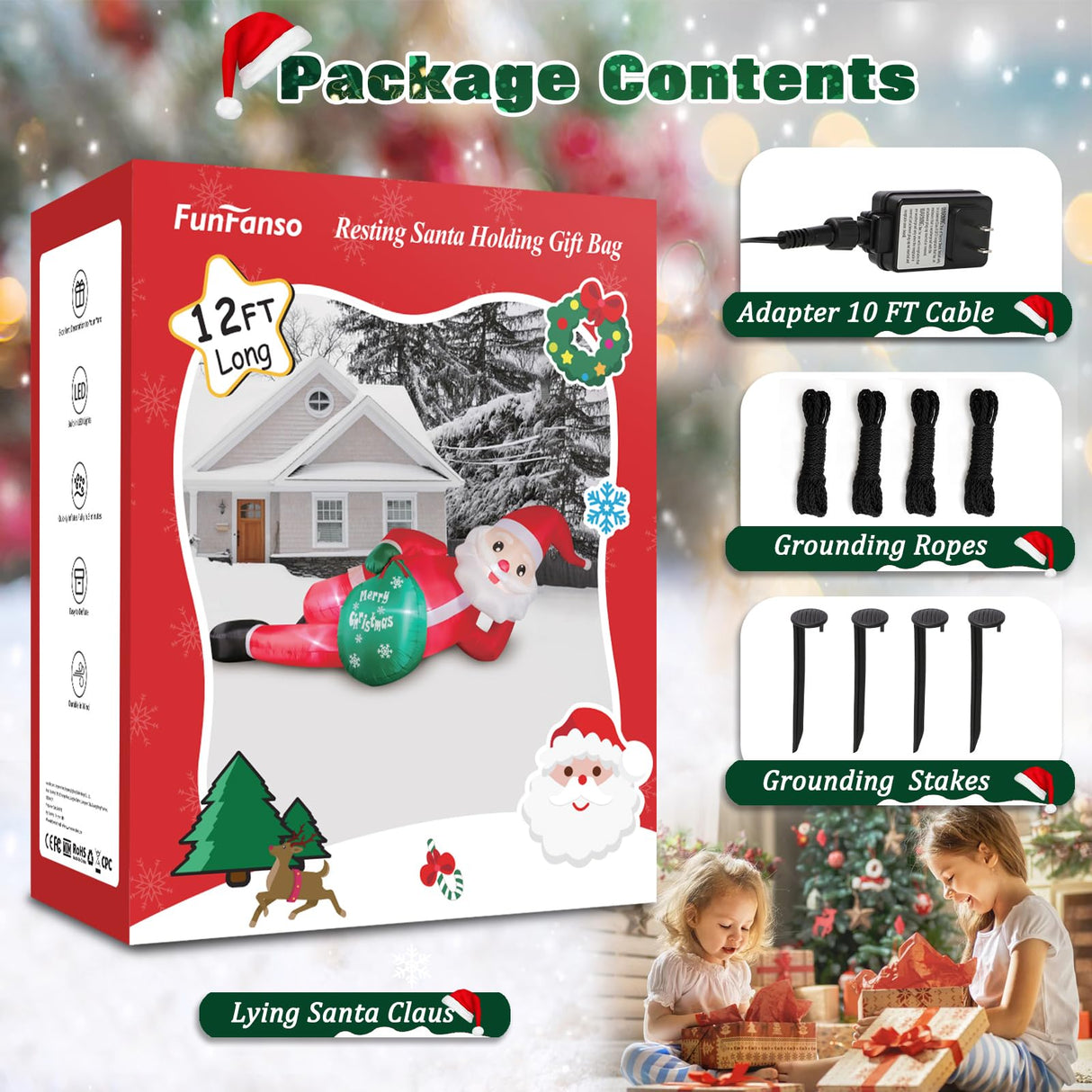 12 FT Giant Christmas Inflatables Santa Claus Outdoor Decorations, Huge Blow up Lying Santa Claus with Gift Bag Yard Decor, Built-in Brilliant LED Lights for Yard Lawn Garden Holiday Party FunFanso