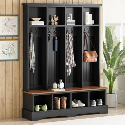 75''H Farmhouse Hall Tree With Bench And Shoe Storage, Entryway Bench With Open Compartments Coat Rack, 8 Shoe Cubbies & 8 Coat Hooks, For Mudroom, Hallway Storages Cabinet, Living Room (Black)