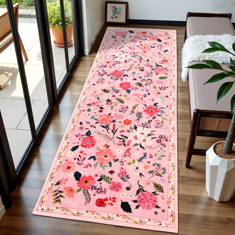 Macgace 2x6 Runner Rug for Hallways, Washable Floral Rugs with Non Slip Backing for Kitchen, Low Pile & Soft Cottage Style Carpet Runner Floor Decorated Rugs for Laundry, Bedroom, Pink Macgace