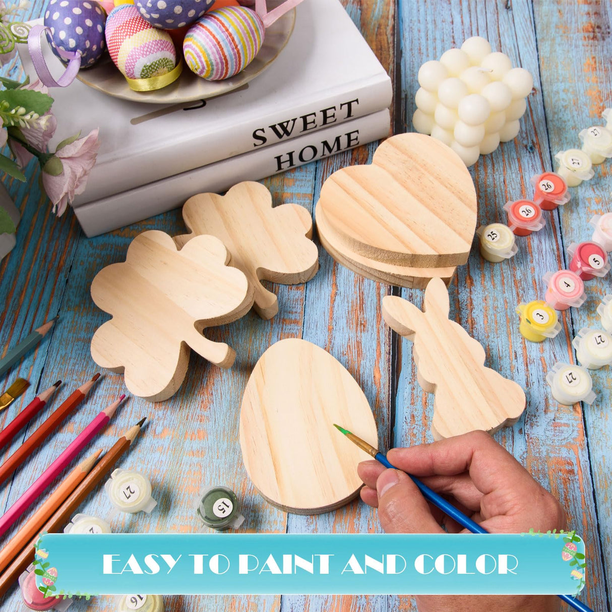 AWIZOM 12 Pcs Wooden Holiday Cutouts Unfinished Shamrock Heart Bunny Egg Shaped Table Sign Standing Wooden Centerpieces Unpainted Wood Blocks for DIY Crafts Valentine Day St.Patrick Day Easter Decors AWIZOM