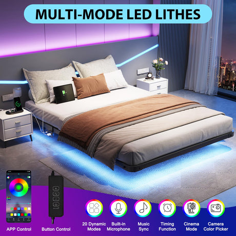 YGEOMER Full Size Floating Bed Frame with Charging Station, Modern Metal Platform Bed Frame with LED Light, Easy Assembly, Black YGEOMER
