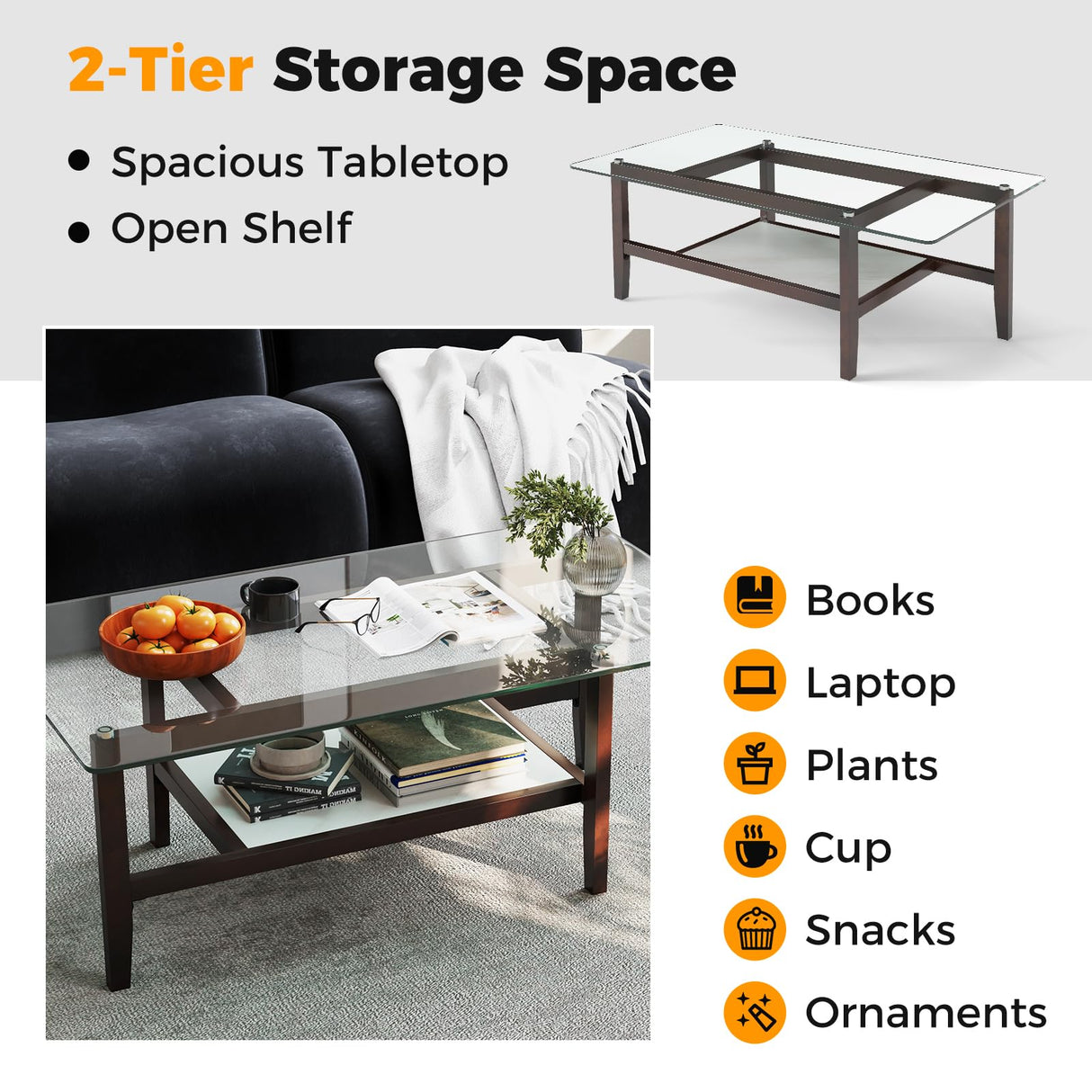 Tangkula Glass Coffee Table, 42” 2-Tier Rectangular Center Table with Storage Shelf & Solid Rubber Wood Legs, Modern Cocktail Table for Living Room, Home Office (Brown, 42" x 23.5") Tangkula