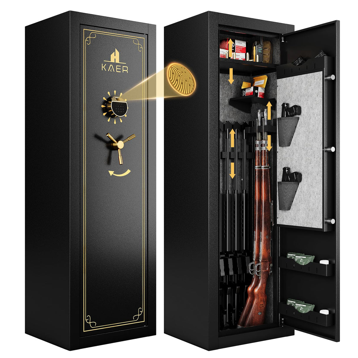 KAER 20 Gun Safe, Fingerprint Biometric Gun Safes for Rifles and Pistols Assembled, Large Gun Cabinet for Shotguns,Digital Rifle Safe with Removable Gun Racks,Pistol Pockets,LED Sensor Light KAER