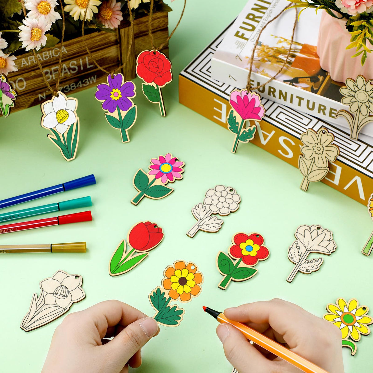 Relaxgiant 48 Pcs Wooden Spring Flowers for Kids DIY Blank Unfinished Wood Flowers Ornaments Crafts Wooden Flower Ornaments Spring Wooden Arts and Crafts for Kids Art Painting Projects Hanging Decor Relaxgiant
