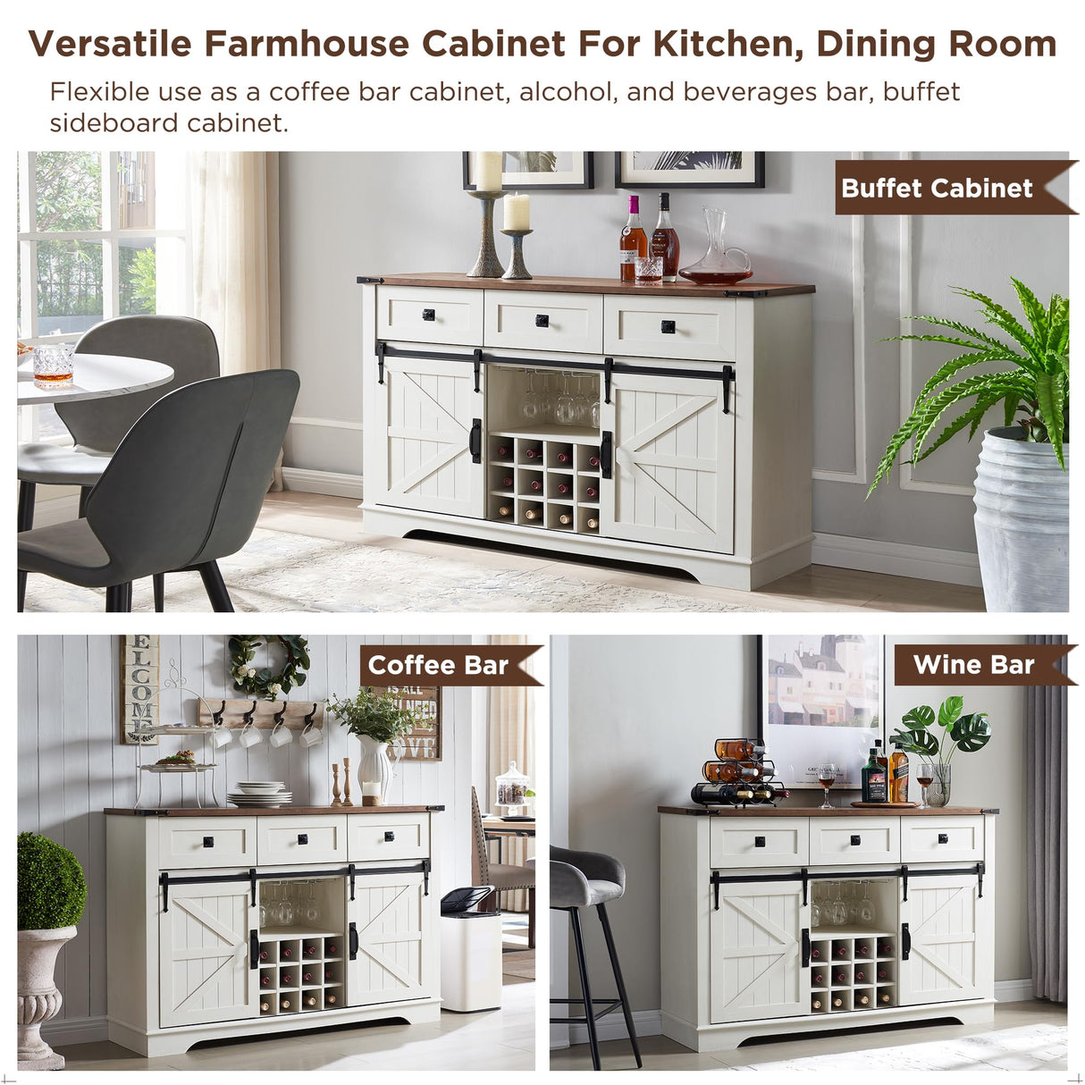 OKD 54" Farmhouse Buffet Cabinet with Storage, Large Kitchen Coffee Bar w/Sliding Barn Door, Wine & Glass Rack, Rustic Wine Bar Sideboard Table w/ 3 Drawers, Storage Shelves, Antique White OKD