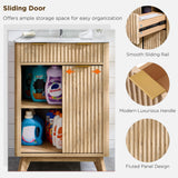T4TREAM 24" Fluted Bathroom Vanity with Ceramic Sink Combo，Freestanding Small Modern Bathroom Storage Vanity Cabinet with Sliding Door & 3 Drawer，Wood Grain Texture，Metal Handle，Natural Oak T4TREAM