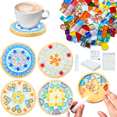 Qinyoung 6 Sets DIY Mosaic Tiles for Crafts Mixed Color Glass Mosaic Kits Adults DIY Coasters Kit Make Your Own Stained Glass Mosaic Tiles Coaster for Handmade Home Decoration Gift (Round)