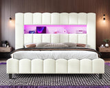 Jocisland King Bed Frame with 51.2" Tall Headboard, LED Lights & Charging Station, Velvet Upholstered Platform, No Box Spring Required, Cream Jocisland