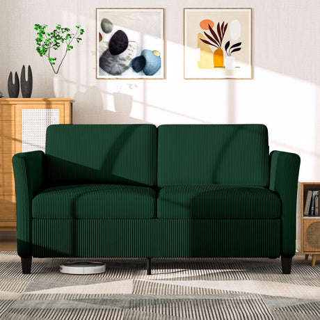 Valthie 60.6" Small Corduroy Loveseat Sofa, Mid-Century Modern 2-Seater Couch with Side Pockets for Small Spaces, Green– Perfect for Living Room, Bedroom, Office & Apartment Valthie
