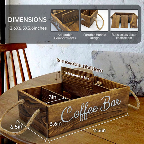 QUALLON Coffee Station Organizer with Small Removable Dividers, Wooden Coffee Bar Accessories Storage For Countertop, Farmhouse Kcup Coffee Pod Holder Basket With Handle For Coffee Lover QUALLON