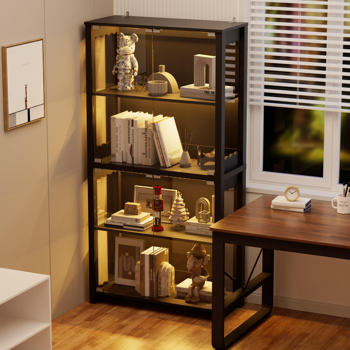 TEROL Display Cabinet with Glass Doors, 63” 4-Tier Wood Display Case with RGB Lights for Collectibles, Tall Curio Cabinet Anti-Tipping with Adjustable Shelves, Storage Cabinets for Living Room, Study TEROL