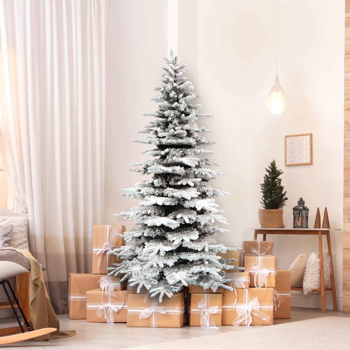 Fraser Hill Farm 7.5-Ft. Mountain Pine Flocked Artificial Christmas Tree with Stand, Unlit Foldable Fake Tree with Realistic Snowy Foliage for Home Decoration