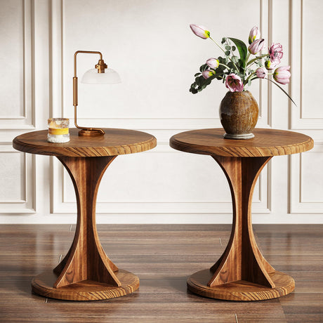 Tribesigns Round End Side Table: Wood Sofa Chair Side Table Set of 2, Mid-Century Bedside Nightstand for Bedroom, Accent Table, Easy Assembly, Vintage Brown Tribesigns