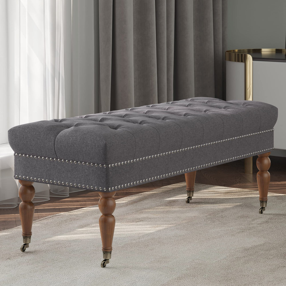 BELLEZE 47-Inch Upholstered Ottoman Bench, Moveable Tufted Ottoman Bench with Caster Wheels, Tufted Ottoman for Living Room, Entryway, or Bedroom - Brooke (Dark Grey) BELLEZE