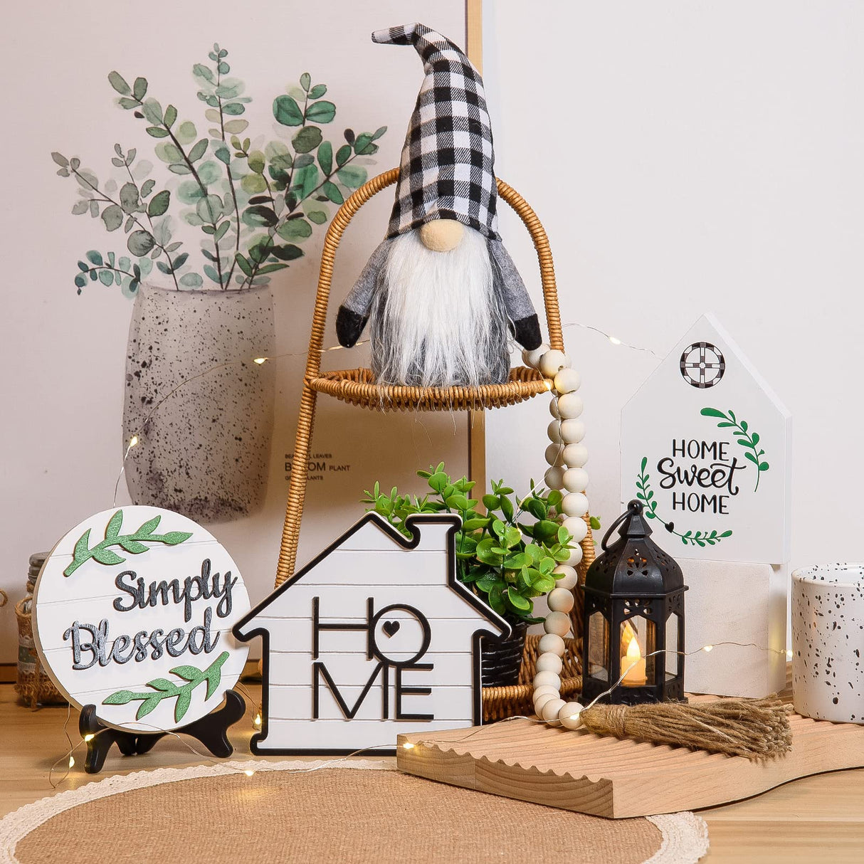 10 Pcs Farmhouse Tiered Tray Decor Rustic Wooden Home Decor Wood Bead Garland Sweet Wooden Sign with Artificial Succulents Plants Mini Candle Lantern for Farmhouse Home Kitchen(Tray Not Included) ARCHCRTC