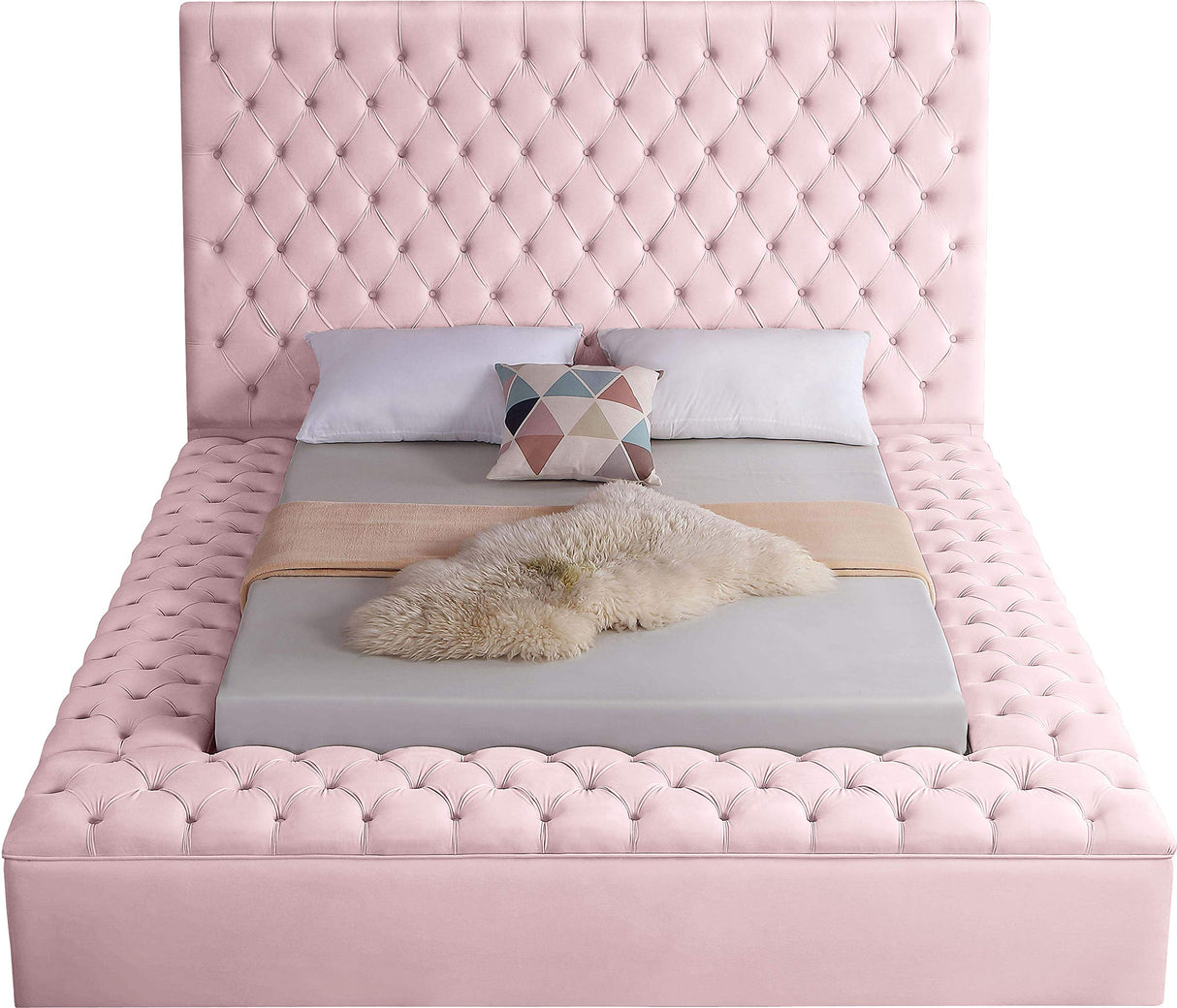Meridian Furniture Bliss Collection Modern | Contemporary Velvet Upholstered Bed with Deep Button Tufting and Storage Compartments in Rails and Footboard, Pink, King Meridian Furniture