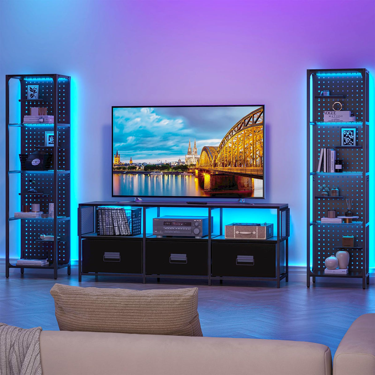 Saudism Glass Display Shelf for Collectibles, LED Black Shelf, Curio Cabinet, Lighted Tall Narrow Shelf with Pegboard Steel Frame for Gaming Room, Floor Lamp with Shelves, Living Room, Bedroom, Small Saudism