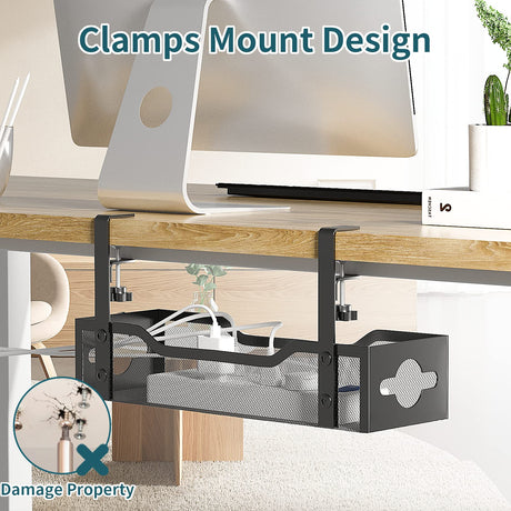 Under Desk Cable Management Tray No Drill, Metal Mesh Cable Management Under Desk with Clamp Mount, 2 Hole Cable Tray with Wire Management and Cord Organizer for Home Office Standing Desk Litwaro