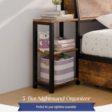 MU Twin Corner Bed Frame with Storage Bookcase and Headboard, Metal Daybed with LED Lights, Charging Station, Shelves and Drawers for Living Room, Bedroom & Guest Room, Rusic Brown MU